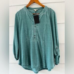 Jane & Delancey Teal Button-Up Women's 1/3 Button Thermo Waffle Knit Top M NWT